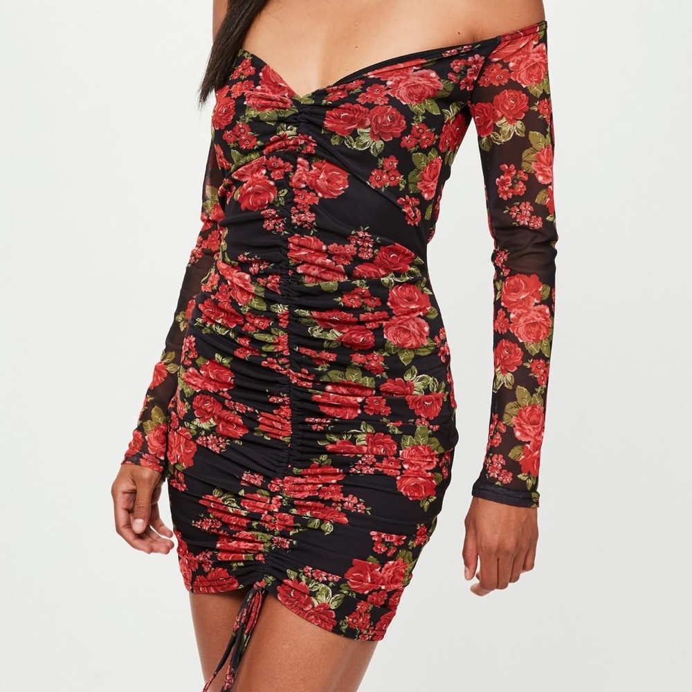 Printed Mesh Bardot Ruched Front Bodycon Dress